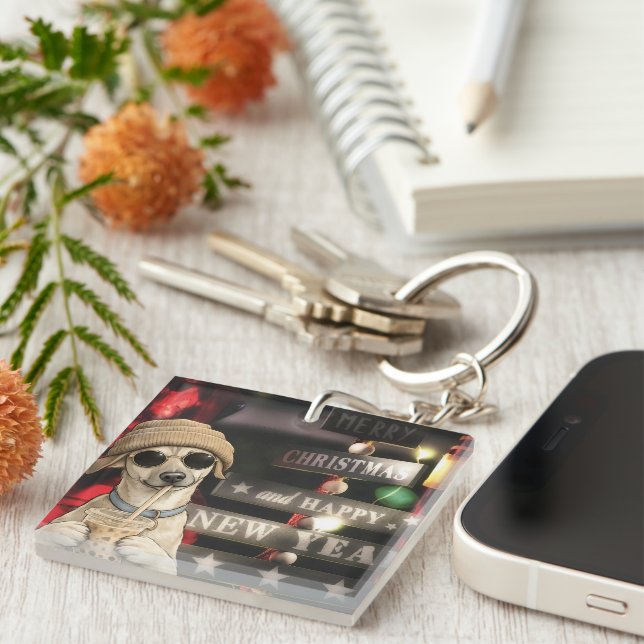 Funny Christmas Dog Drinking Bubble Tea Key Ring (Front Right)