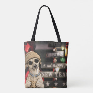 Funny Christmas Dog Drinking Bubble Tea Tote Bag