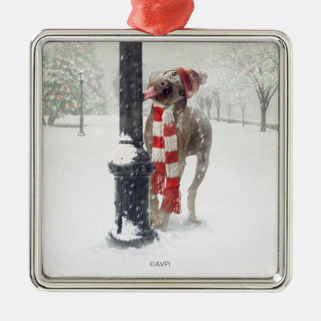 Funny Christmas Dog Licks Pole Metal Tree Decoration (Front)
