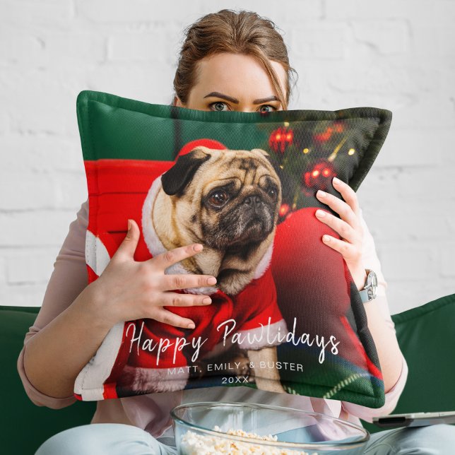 Funny Christmas Dog Puppy Photo Happy Pawlidays  Cushion (Creator Uploaded)