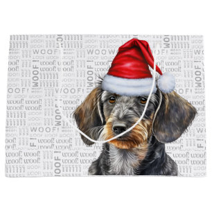 Funny Christmas Dog Wirehair Dachshund Woof Words Large Gift Bag