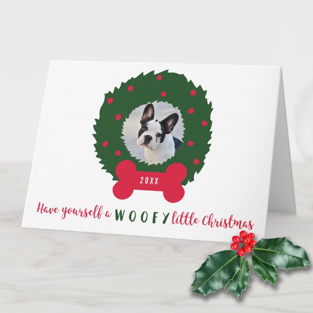 Funny Christmas Dog with Dog's Photo & Wreath Holiday Card (Creator Uploaded)