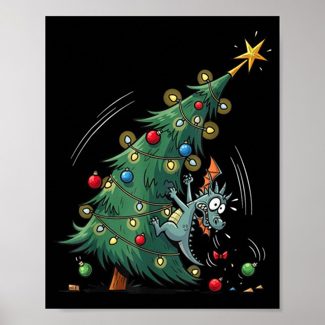 Funny Christmas Dragon Wrecking The Tree Holiday P Poster (Front)