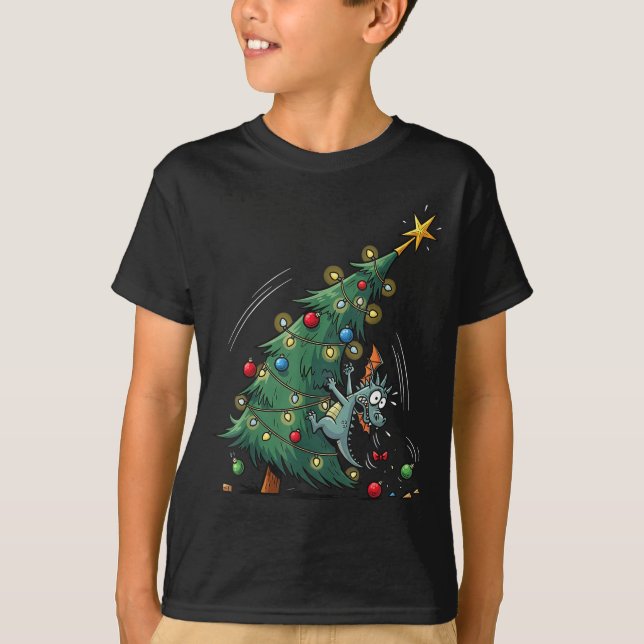 Funny Christmas Dragon Wrecking The Tree Holiday P T-Shirt (Front)