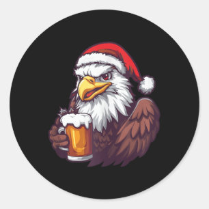 Funny Christmas Eagle With Beer Comic Classic Round Sticker