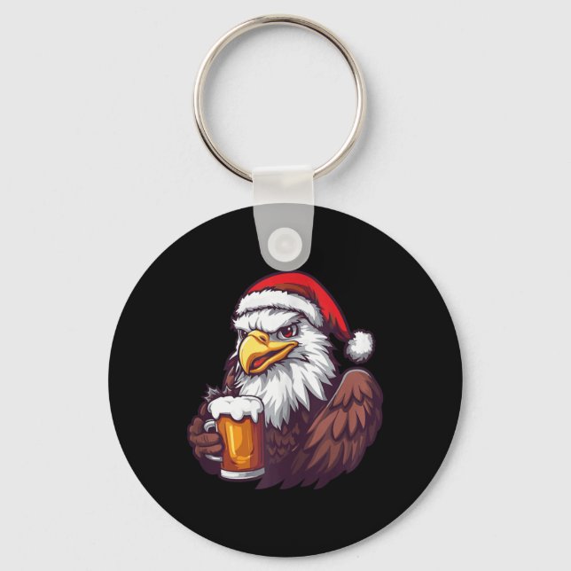 Funny Christmas Eagle With Beer Comic  Key Ring (Front)