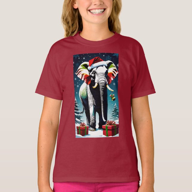 Funny Christmas Elephant In Santa Hat T-Shirt (Front)