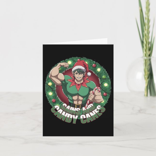 Funny Christmas Elf Gym Workout Gains And Candy Ca Card (Front)
