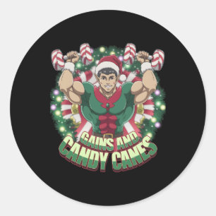 Funny Christmas Elf Gym Workout Gains And Candy Ca Classic Round Sticker