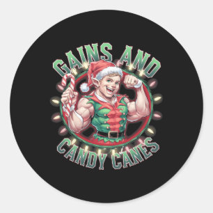 Funny Christmas Elf Gym Workout Gains And Candy Ca Classic Round Sticker