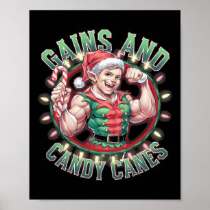 Funny Christmas Elf Gym Workout Gains And Candy Ca Poster