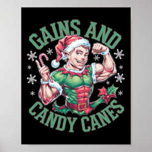 Funny Christmas Elf Gym Workout Gains And Candy Ca Poster