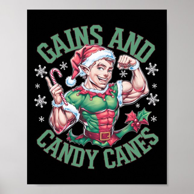 Funny Christmas Elf Gym Workout Gains And Candy Ca Poster (Front)