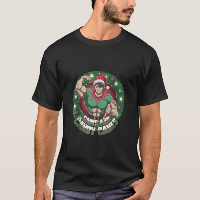 Funny Christmas Elf Gym Workout Gains and Candy Ca T-Shirt (Front)