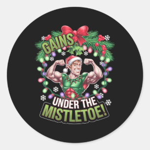 Funny Christmas Elf Gym Workout Gains Under The Mi Classic Round Sticker