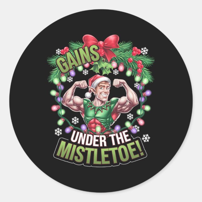 Funny Christmas Elf Gym Workout Gains Under The Mi Classic Round Sticker (Front)