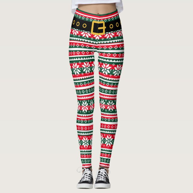 Funny Christmas elf legs nordic snowflake pattern Leggings (Front)