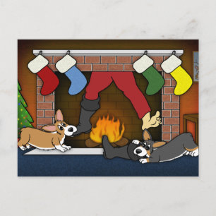 Funny Christmas Fireplace Corgis Holiday Postcard