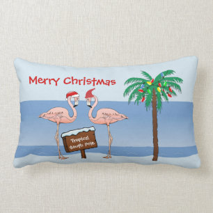 Funny Christmas Flamingo South Pole Tropical Beach Lumbar Cushion