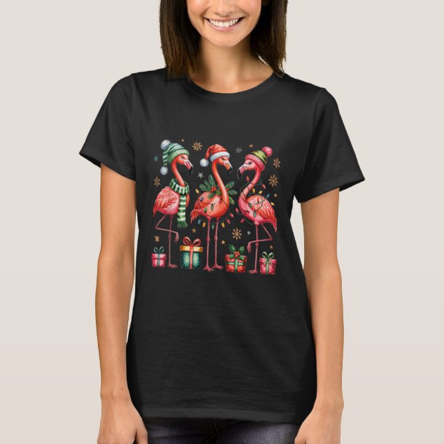 Funny Christmas Flamingos  T-Shirt (Front)