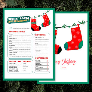 Funny Christmas Game Secret Santa Questionnaire Holiday Card