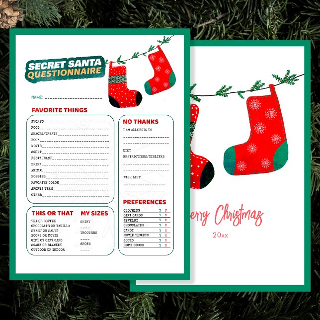 Funny Christmas Game Secret Santa Questionnaire Holiday Card (Front and Back)