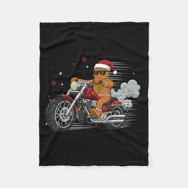 Funny Christmas Gingerbread Man Biker Riding A Mot Fleece Blanket (Front)
