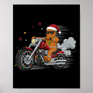 Funny Christmas Gingerbread Man Biker Riding A Mot Poster