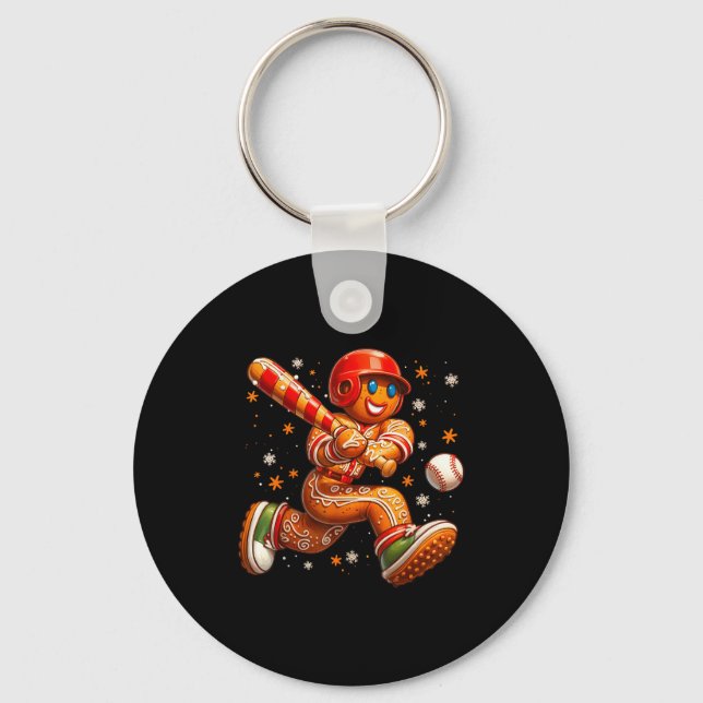 Funny Christmas Gingerbread Man Playing Baseball C Key Ring (Front)