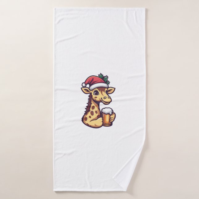 Funny Christmas Giraffe With Beer Comic   Bath Towel (Bath Towel)