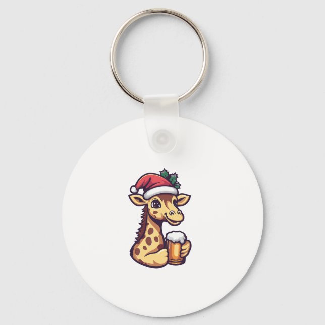 Funny Christmas Giraffe With Beer Comic   Key Ring (Front)