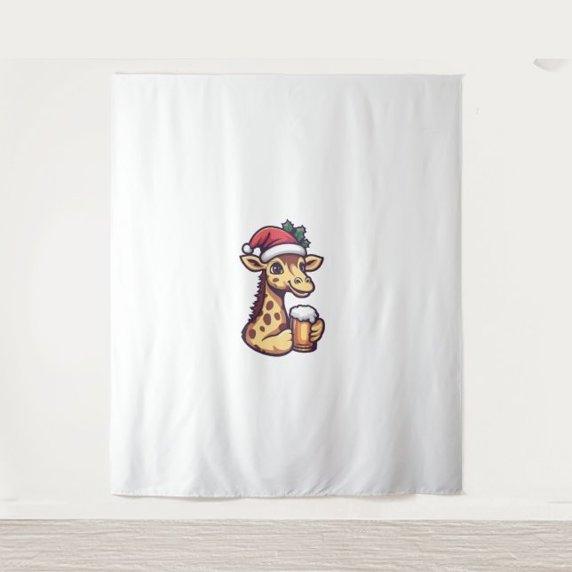 Funny Christmas Giraffe With Beer Comic   Tapestry (Front)