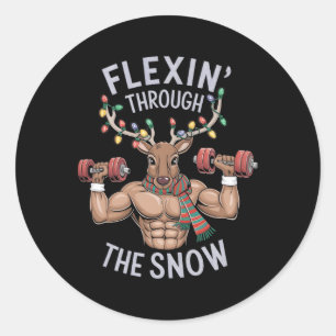 Funny Christmas Gym Workout Reindeer Flexin Classic Round Sticker