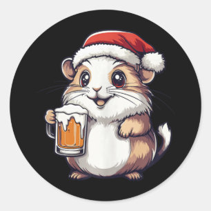 Funny Christmas Hamster With Beer Comic  Classic Round Sticker