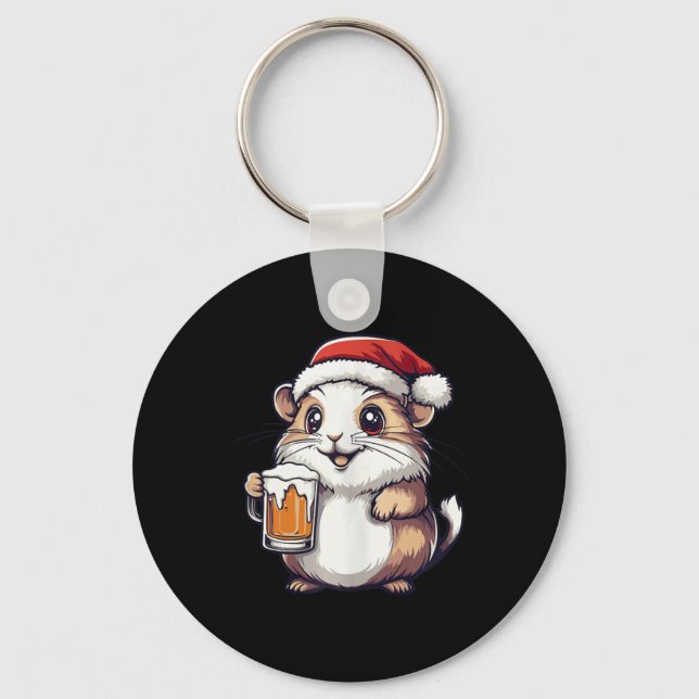 Funny Christmas Hamster With Beer Comic  Key Ring (Front)