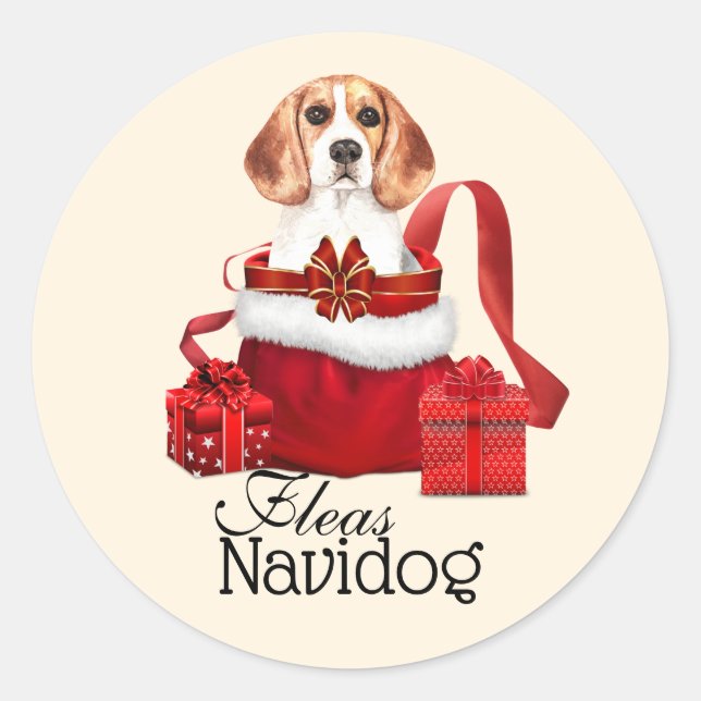 Funny Christmas holiday beagle dog fleas navidog Classic Round Sticker (Front)