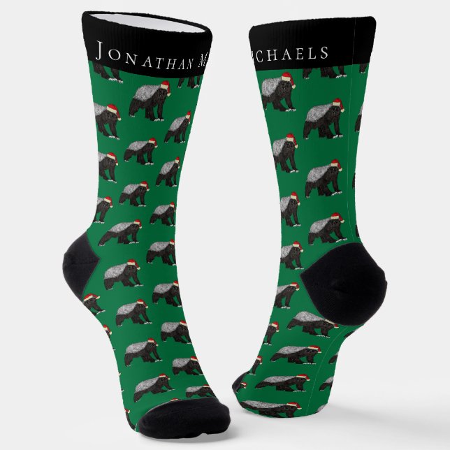 Funny Christmas Honey Badger Green Holiday Socks (Angled)