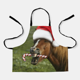 Funny Christmas horse with Santa hat smiling Apron
