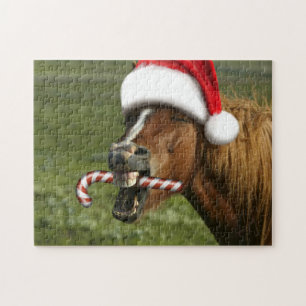Funny Christmas horse with Santa hat smiling Jigsaw Puzzle