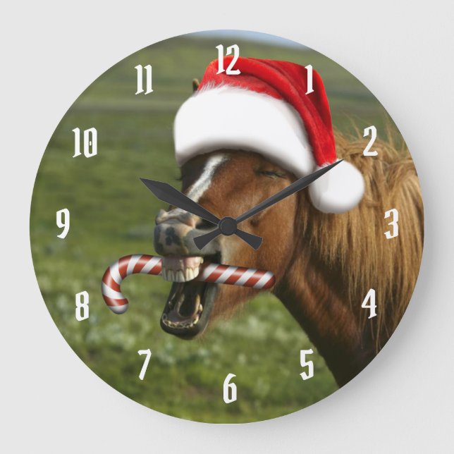 Funny Christmas horse with Santa hat smiling Large Clock (Front)