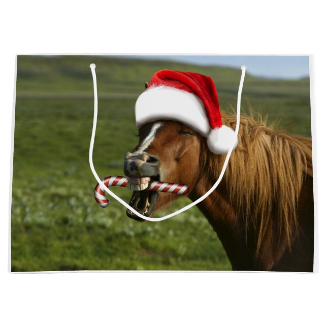 Funny Christmas horse with Santa hat smiling Large Gift Bag (Front)