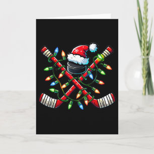 Funny Christmas Ice Hockey Sticks Santa Hat Lights Card