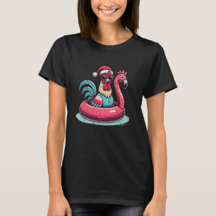 Funny Christmas in July Rooster Santa Flamingo Flo T-Shirt