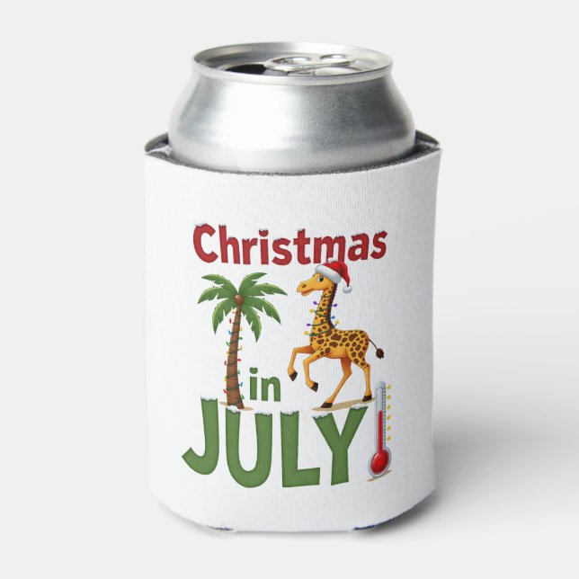 Funny Christmas in July Shirt Santa Giraffe Palm T Can Cooler (Can Front)