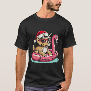 Funny Christmas In July Triceratops Santa Flamingo T-Shirt