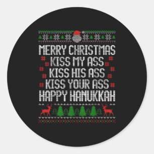Funny Christmas Kiss My Happy Hanukkah Humor  Classic Round Sticker