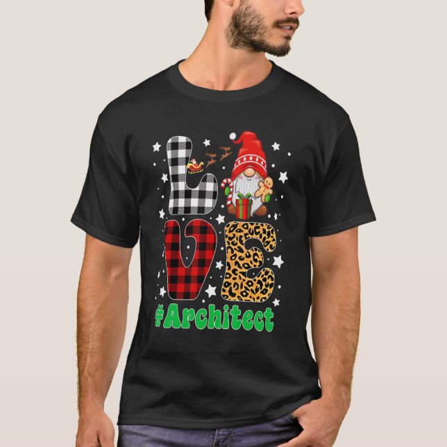 Funny Christmas Leopard Plaid LOVE Architect Gnome T-Shirt (Front)