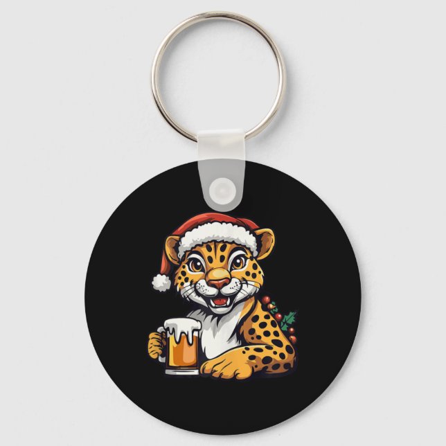 Funny Christmas Leopard With Beer Comic  Key Ring (Front)