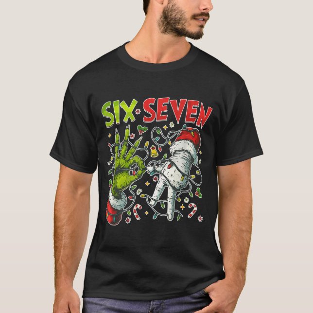 Funny Christmas Lights 6 7 Meme Six Seven Matching T-Shirt (Front)