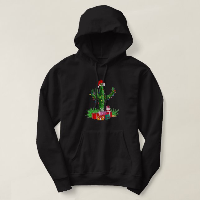 Funny Christmas Lights Cactus Santa Hat Lovers Xma Hoodie (Design Front)